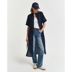 Gant 100% European Flax Linen Short Sleeve Navy Shirt Dress Midi Size 38 US 8